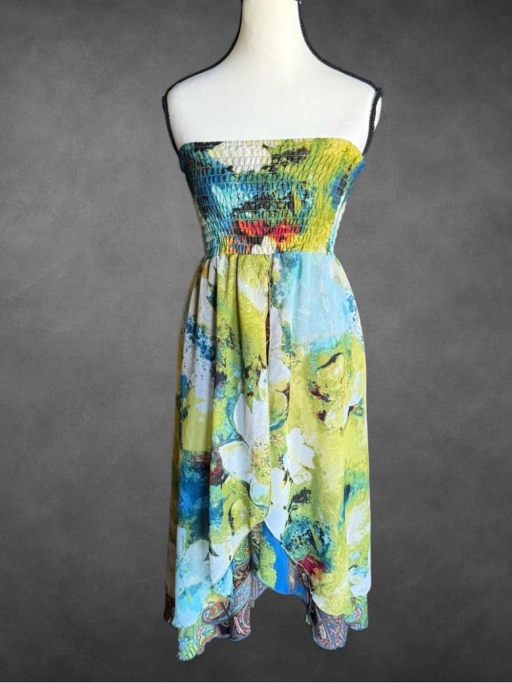 Sunny Leigh‎ Strapless Yellow and Blue Floral Midi Dress